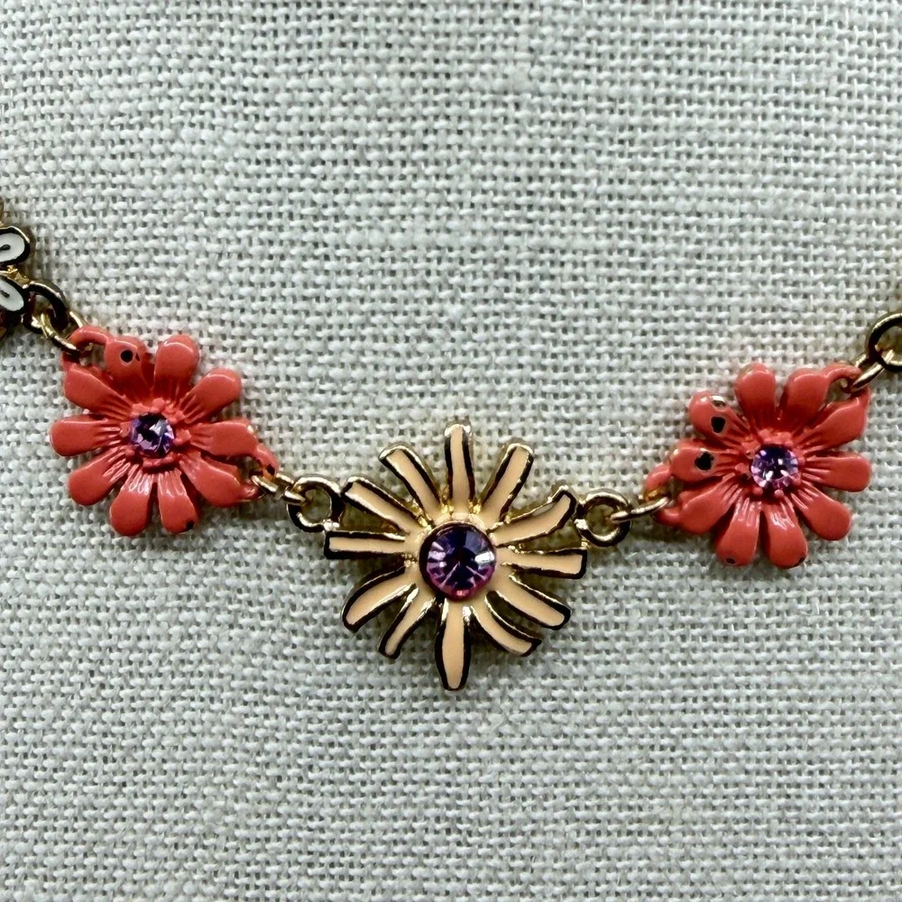 Gold Tone Pink Floral Rhinestone Necklace Daisy Coquette Cottagecore Gift